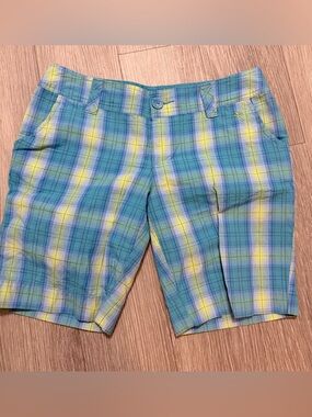 So Wear It Declare It Blue and Yellow Plaid Women’s Flat Front Shorts